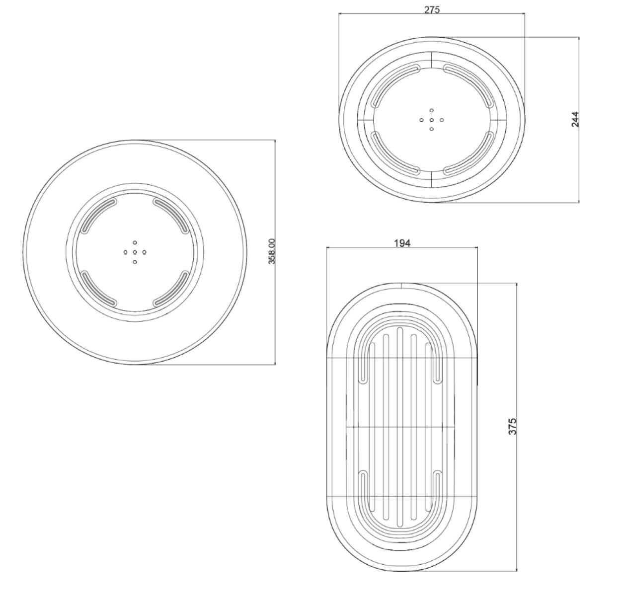 Plans cotés des trois coupes : deux rondes et une ovale, vues du dessus