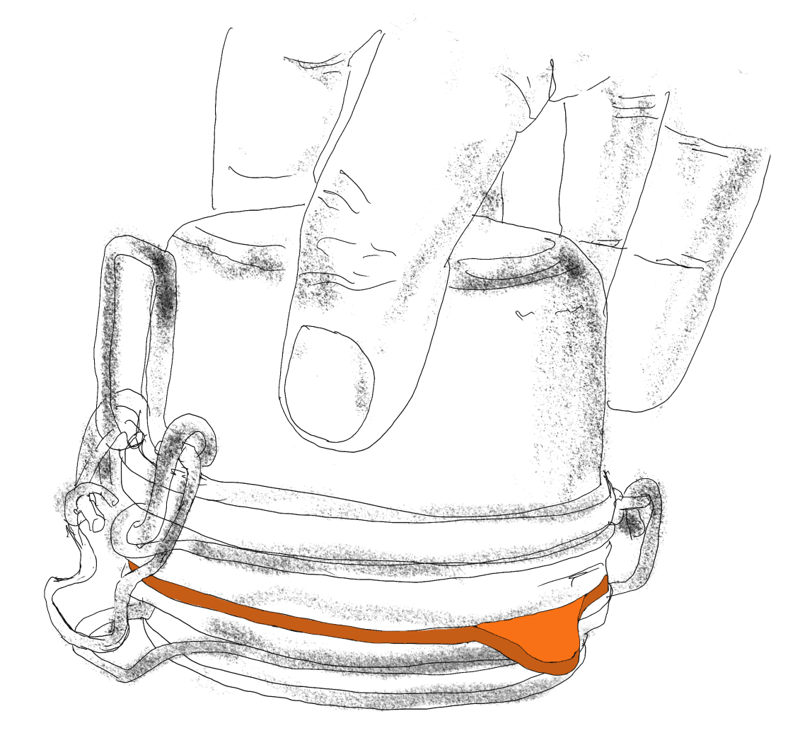 Croquis d'une main soulevant la partie haute de la coupe