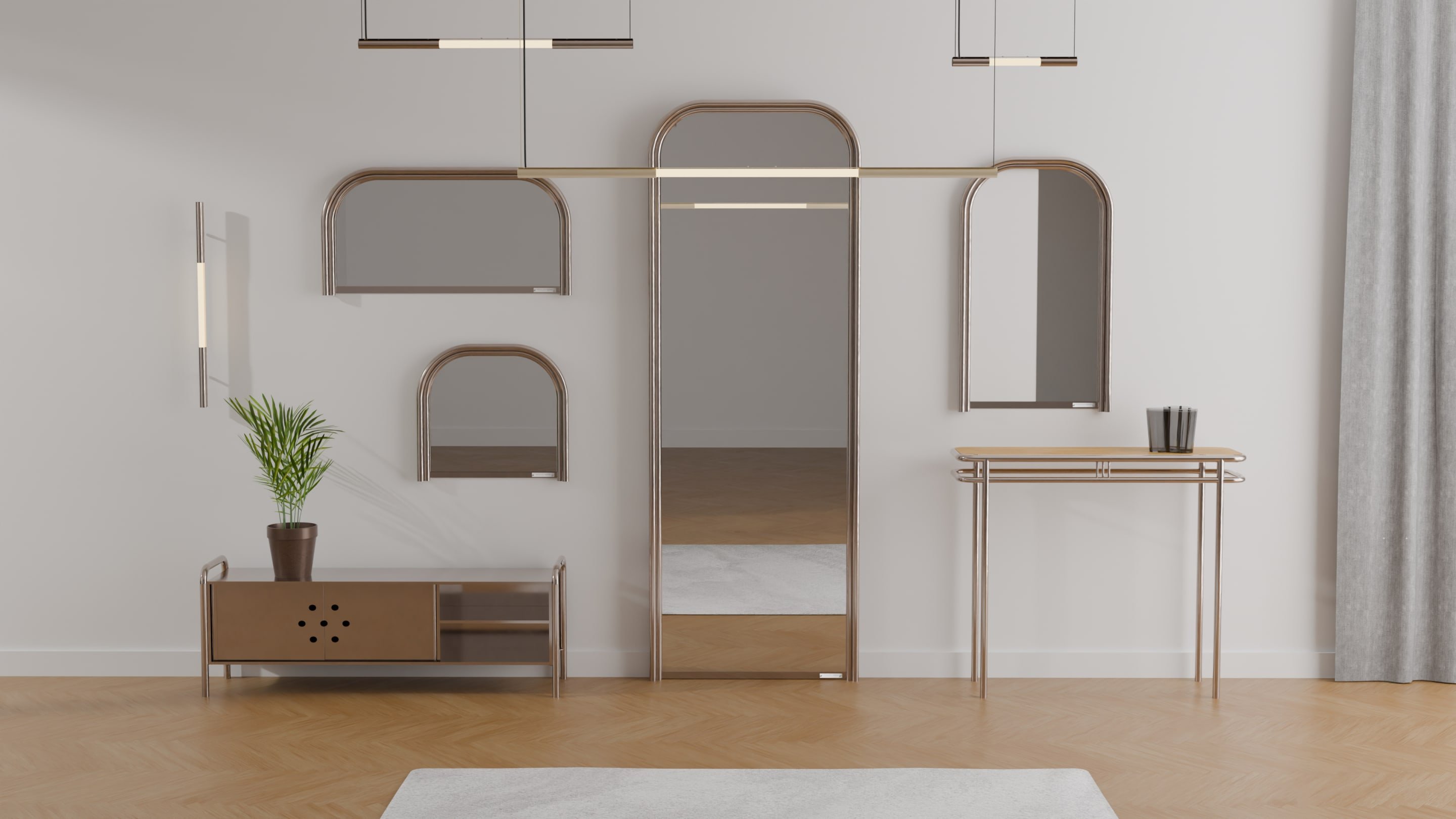 La gamme complète installée dans un intérieur, avec console et luminaires assortis