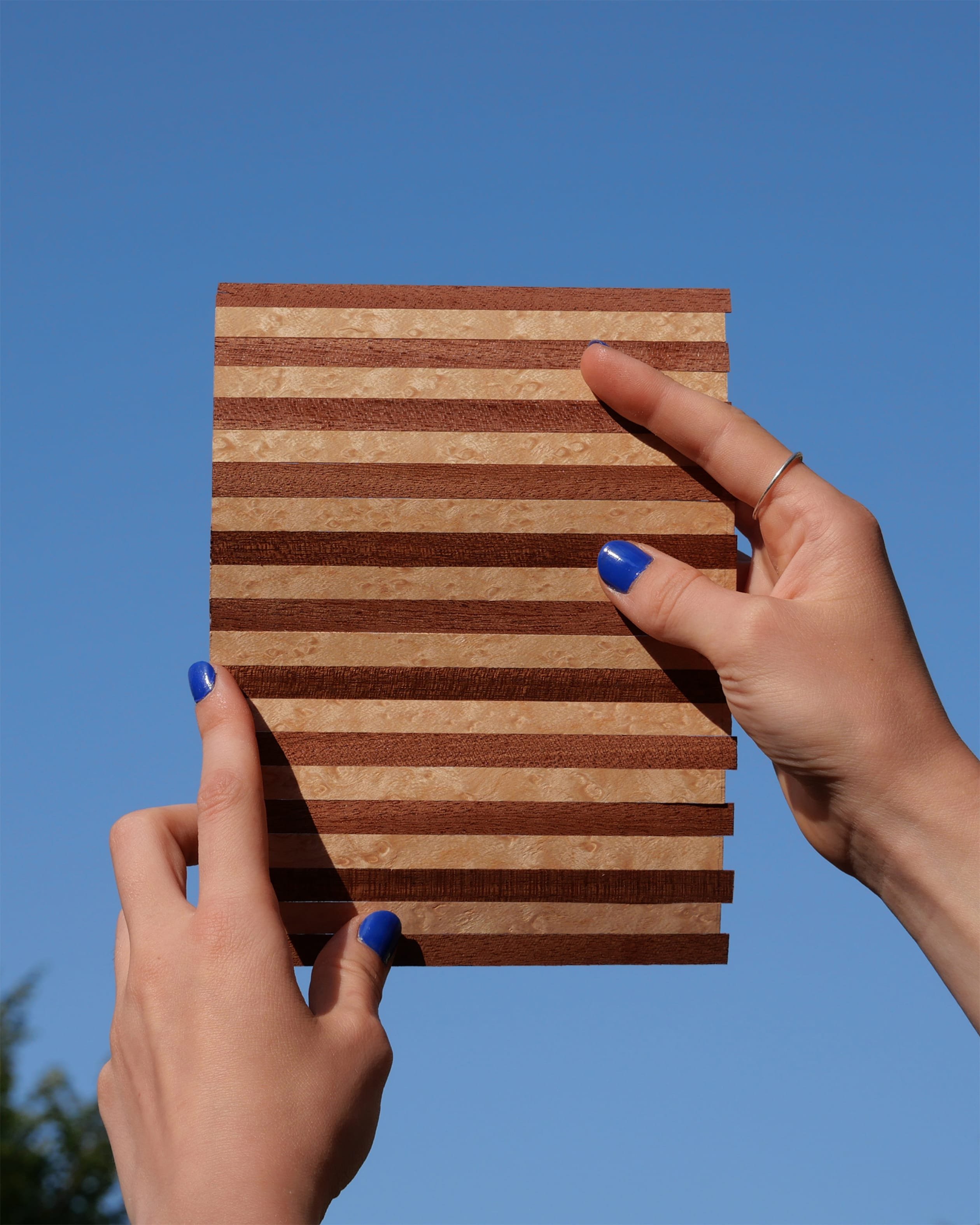 Un panneau de placages rayés, acajou et loupe claire, tenu à deux mains contre le ciel