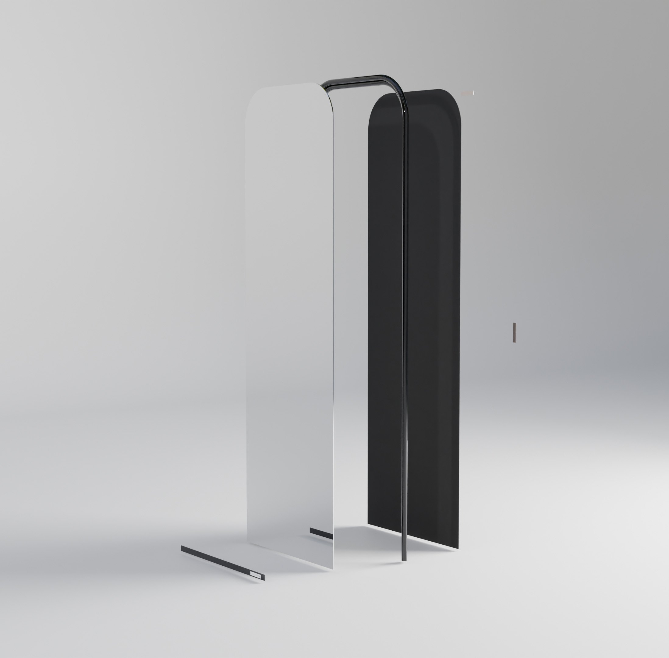 Rendu du miroir sur pied et de son panneau noir dans un espace clair