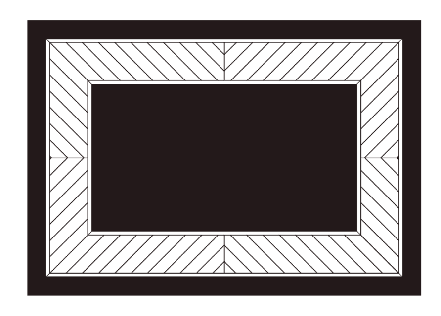 Dessin du motif du couvercle : un cadre hachuré en chevrons autour d'un rectangle noir