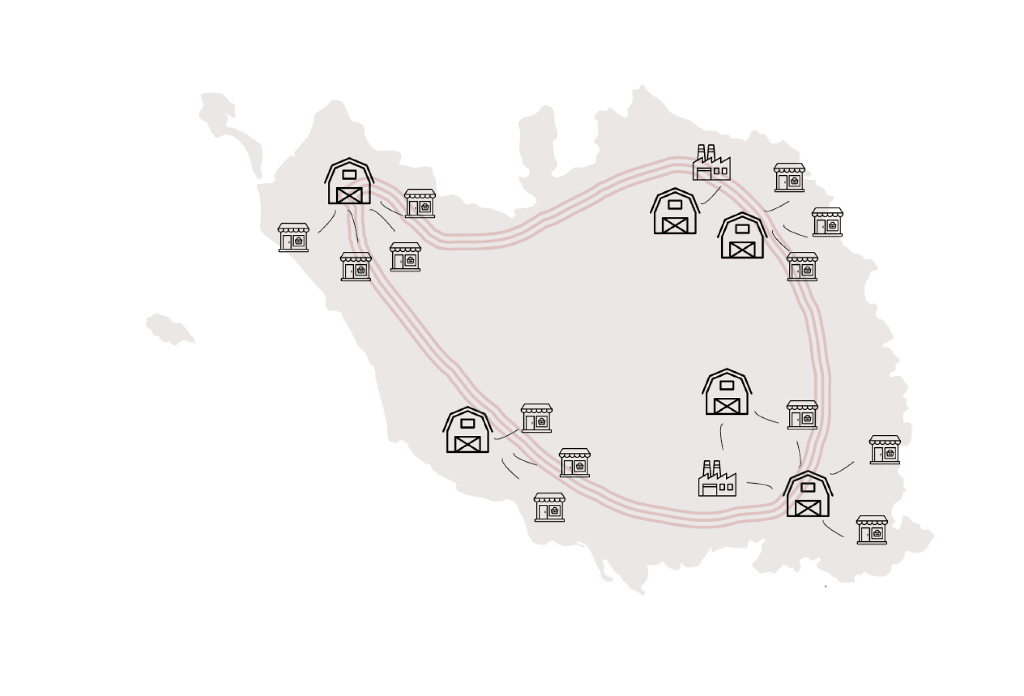 Carte de la tournée : fermes et commerces reliés par la boucle que trace le camion