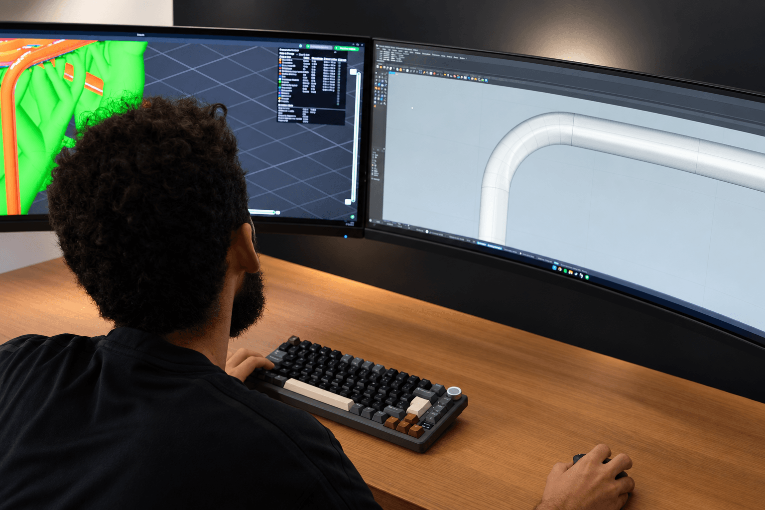 Designer du studio Drigaï travaillant sur la modélisation d'un produit devant deux écrans