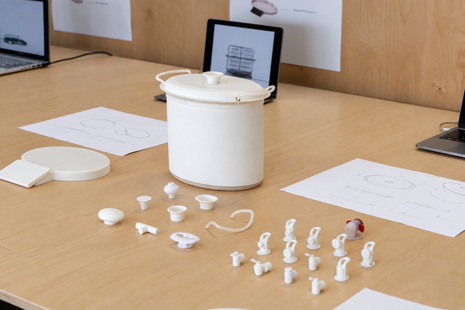 Prototype blanc et pièces imprimées en 3D sur la table de travail du studio Drigaï